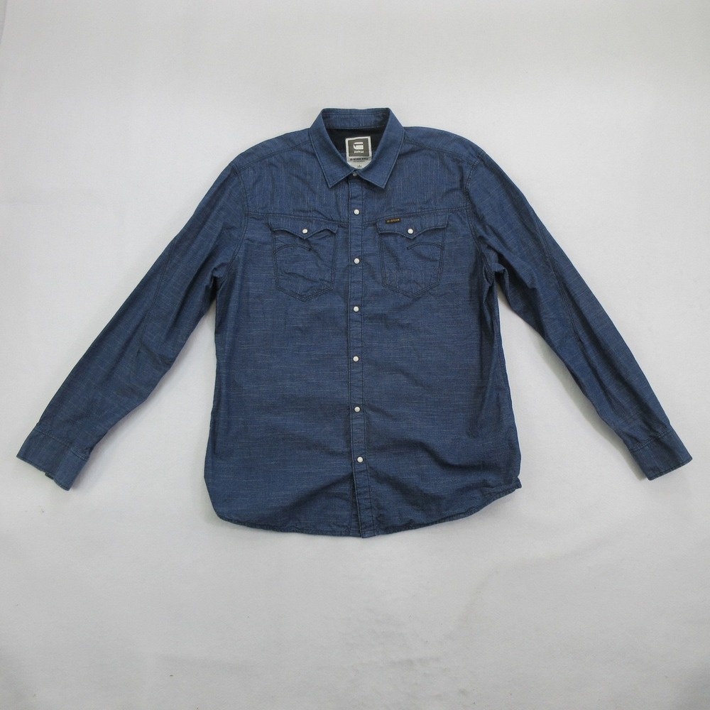 G-Star Men Shirt 2XL Arc 3D Long Sleeve Denim Striped Button Up Snap Blue